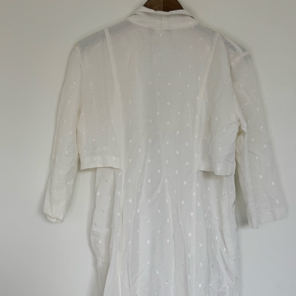 14 Vintage Old Money Minimalist White Patterned Collared V-Neck Midi Dress Gold - Picture 8 of 13